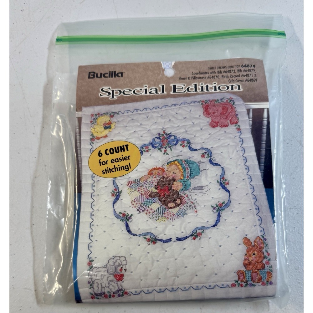 Vtg NEW Bucilla Special Edition Sweet Dreams Baby Quilt Top Cross Stitch 64874